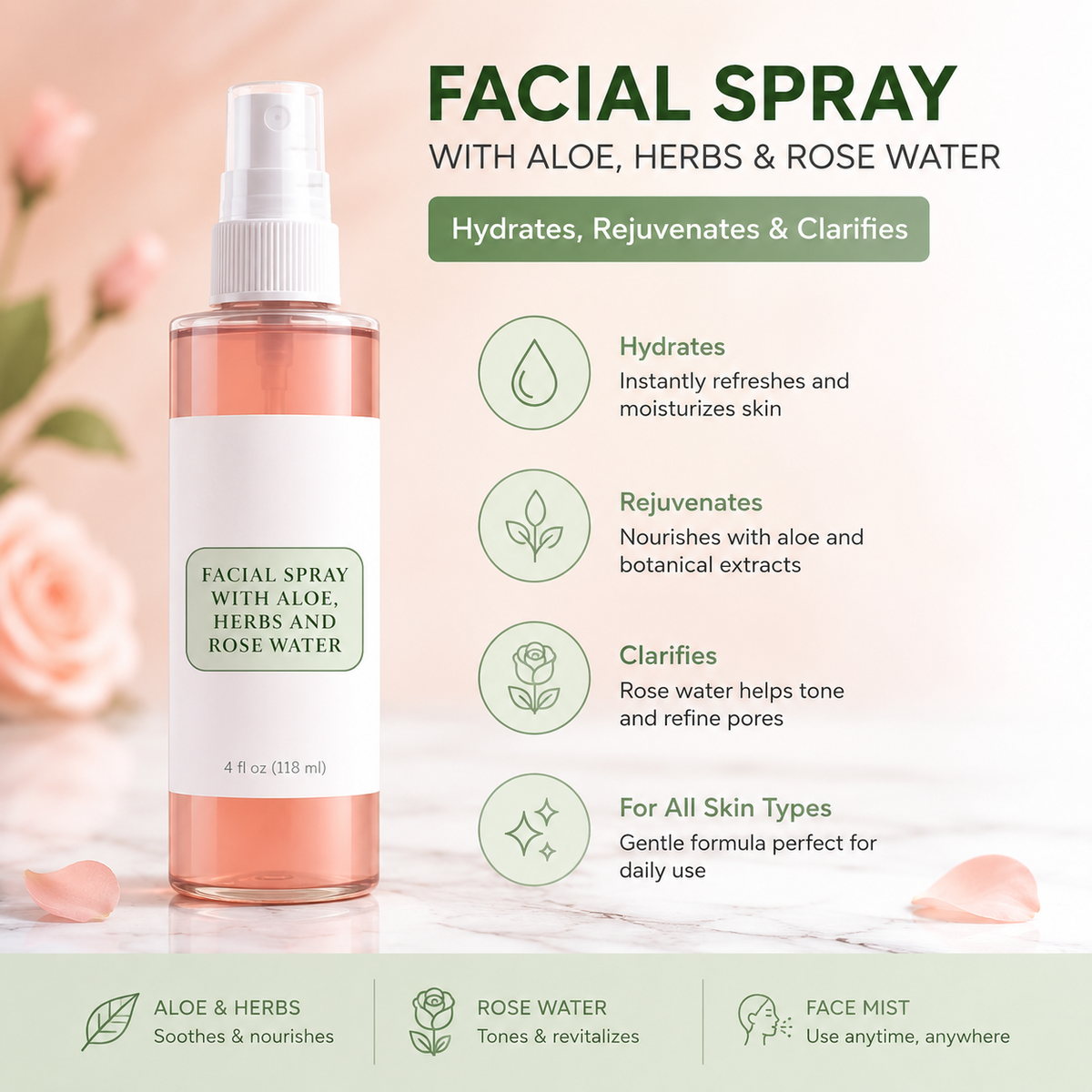 Hydrating Rose & Aloe Facial Spray Mist for All Skin Types