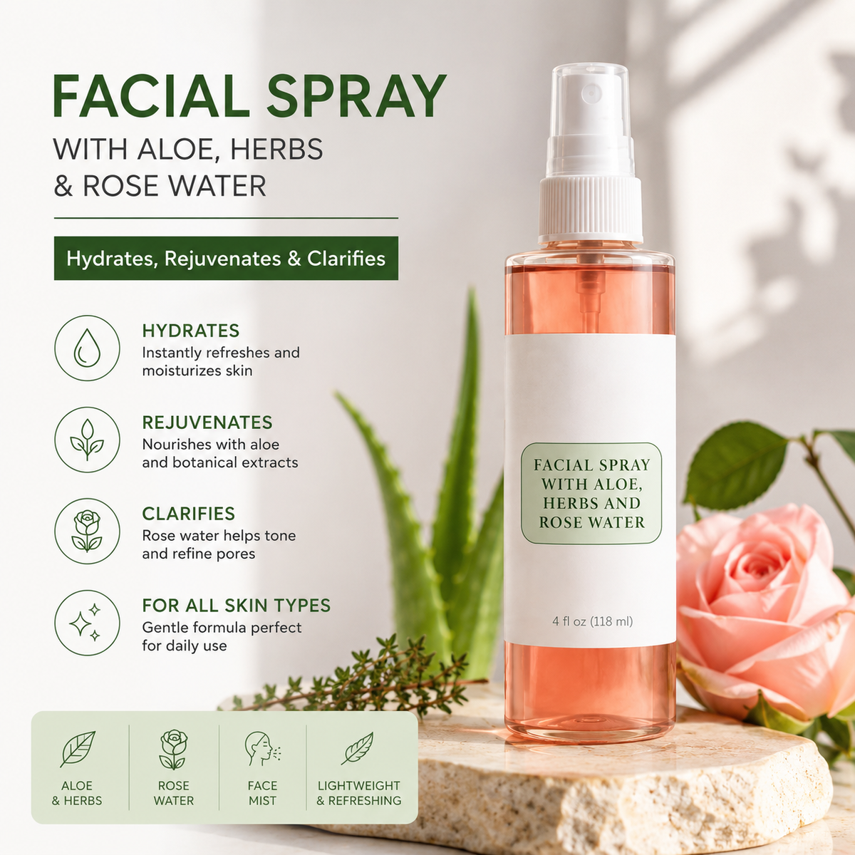Hydrating Rose & Aloe Facial Spray Mist for All Skin Types