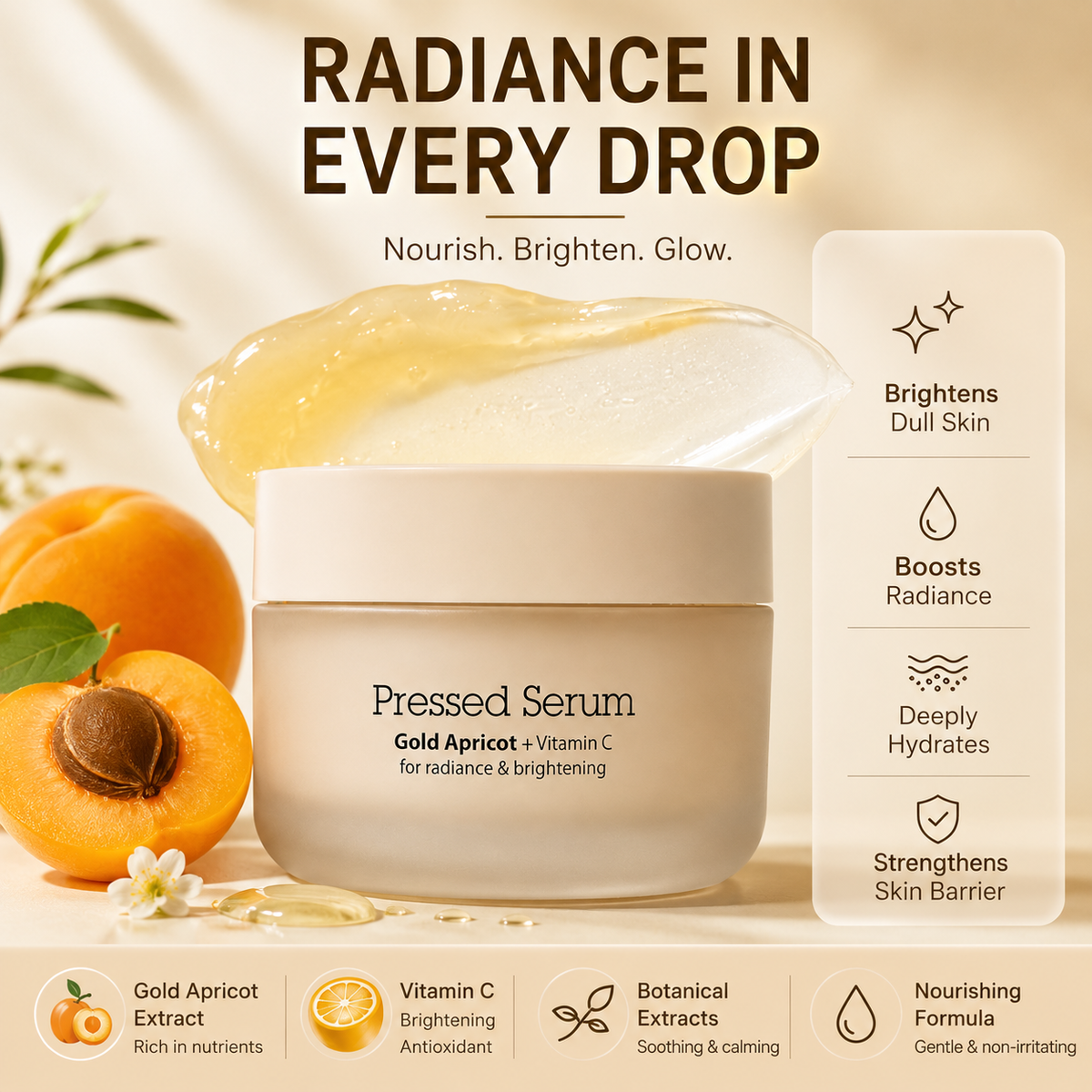 Gold Apricot Vitamin C Pressed Serum – Hydrating Radiance Care