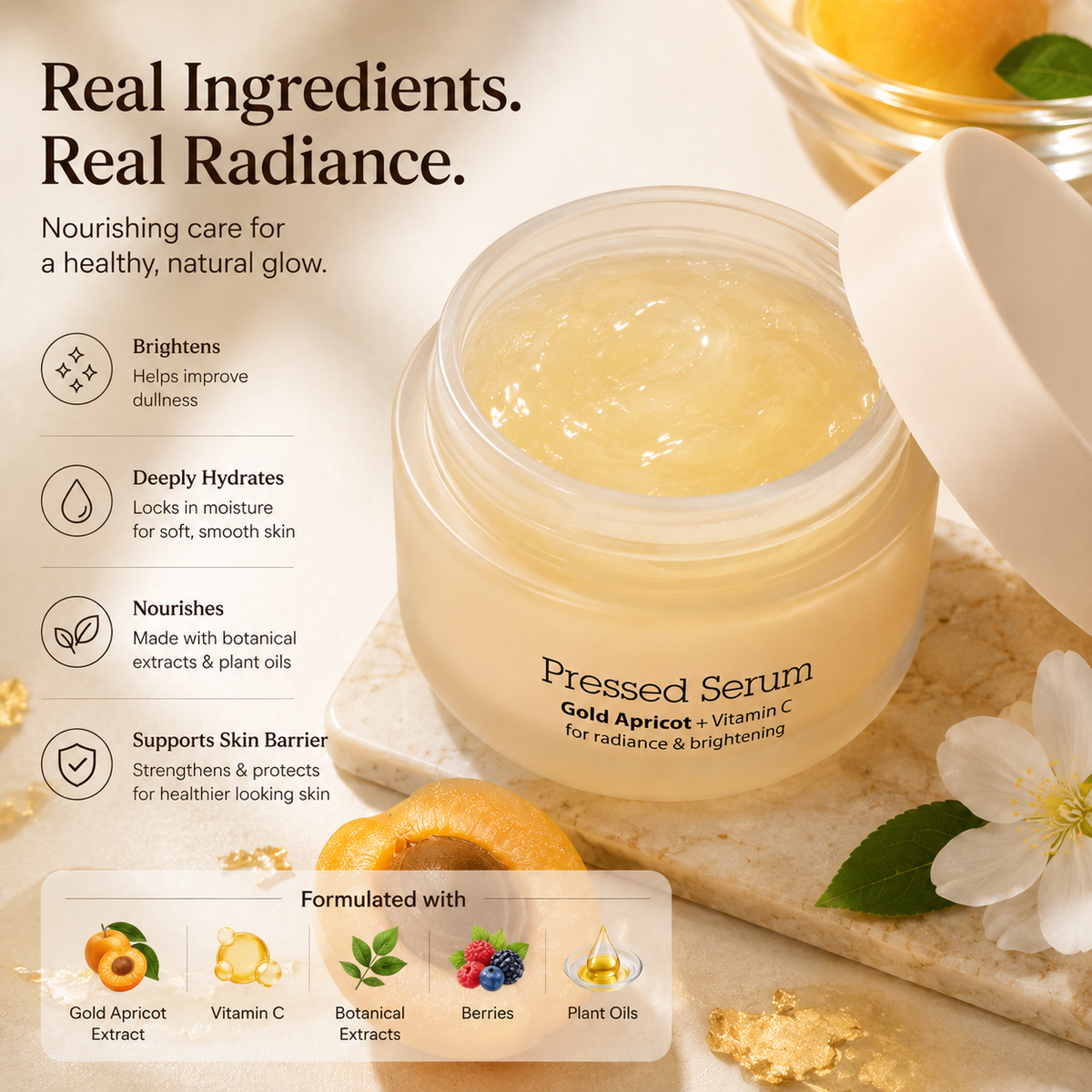 Gold Apricot Vitamin C Pressed Serum – Hydrating Radiance Care